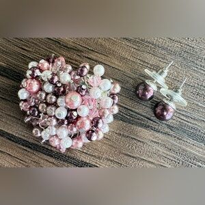 Elegant Heart Pink and Purple Beaded  Pin & Earrings